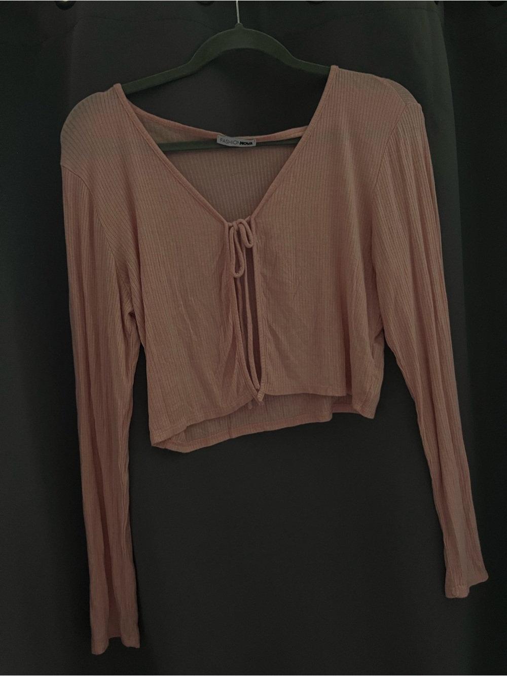 Fashion Nova Ribbed Tie-Front Long Sleeve Crop Top - Dusty Rose
